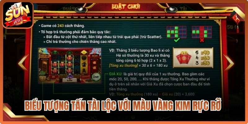 Biểu tượng Tấn Tài Lộc với màu vàng kim rực rỡ và thưởng cao